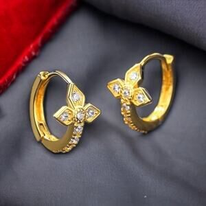 NEW 14K yellow gold pl over sterling silver CZ hoop cross earrings jewelry B5A